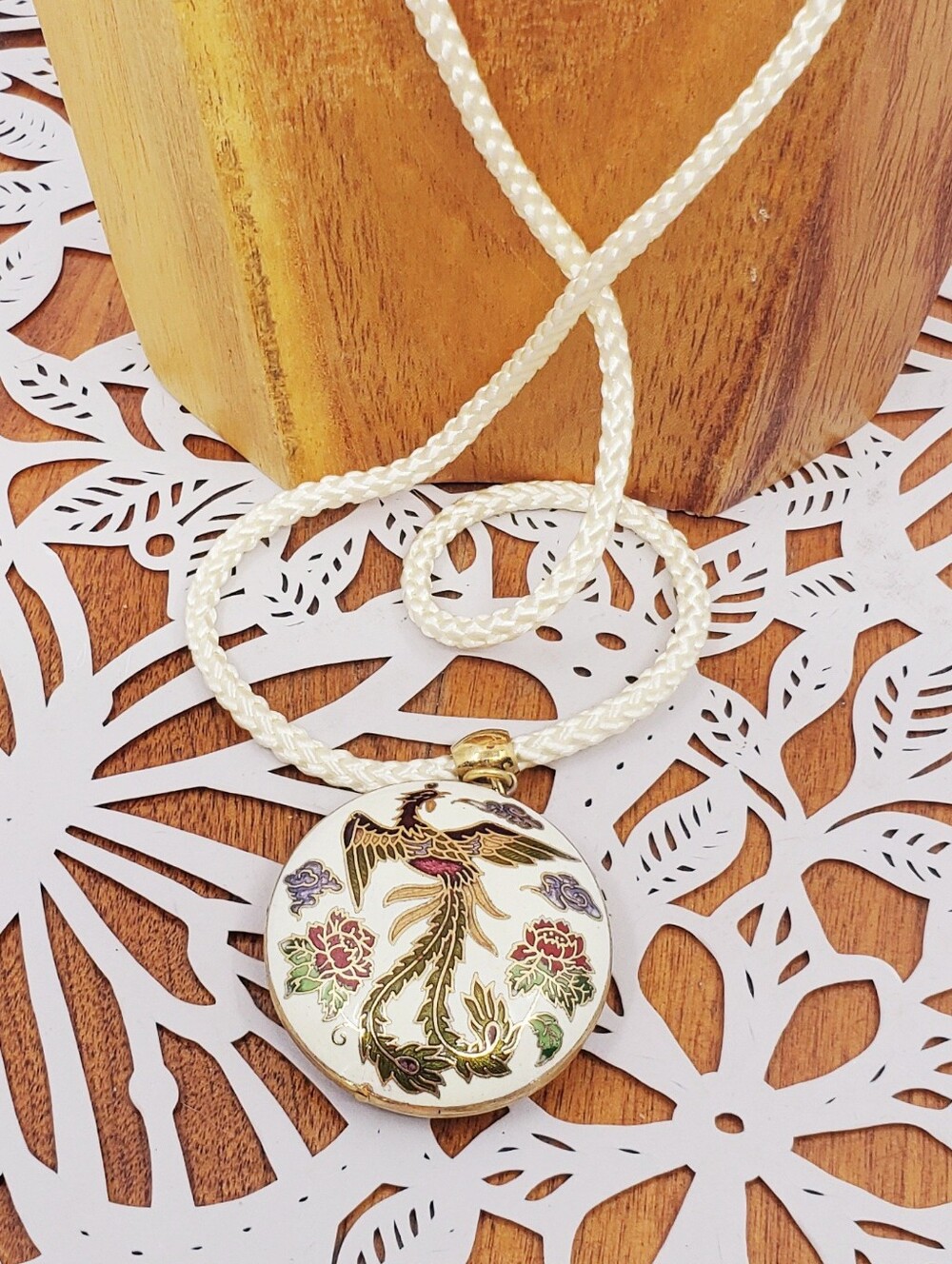 Vintage Chinese Round Cloisonné Phoenix Floral Pendant Necklace